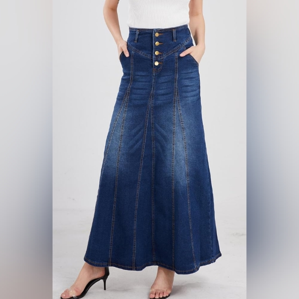 New Chartou Women's Retro Button-Fly Blue A-Line Maxi Long Denim Skirt Large